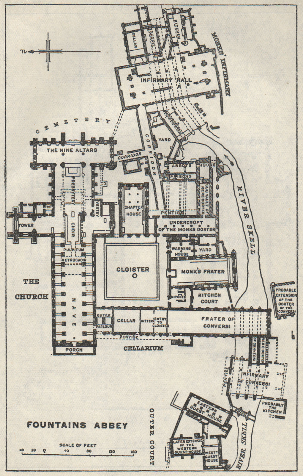 Fountains Abbey ground plan. Yorkshire 1957 old vintage map chart